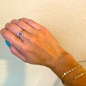 925 sterling silver stamped ring with Ruby colored / hot pink crystal